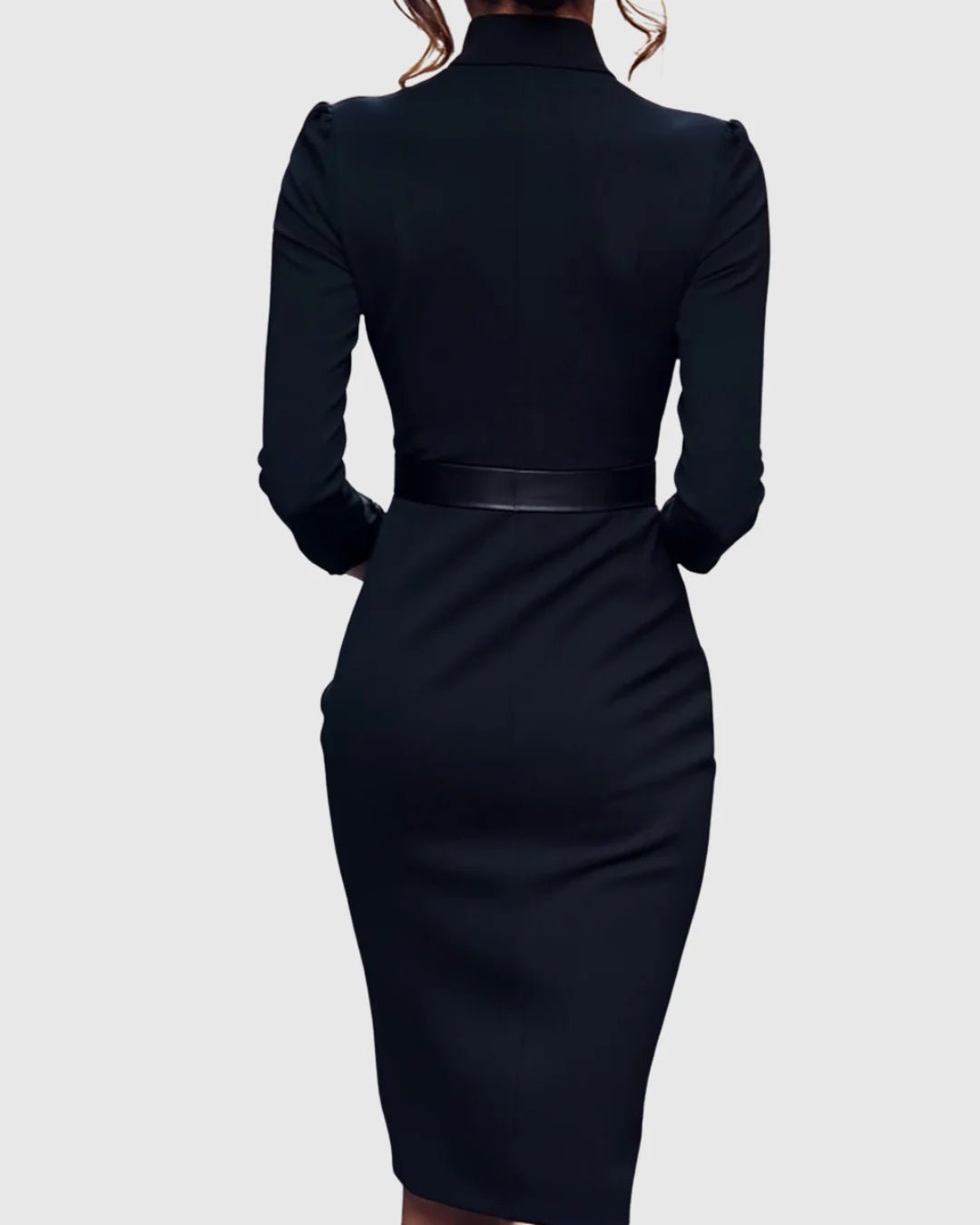 Refined Midi Dress with Mock Wrap Neckline and Belted Waist – Midi Dress with Sleeves for Women, Perfect for All Occasions