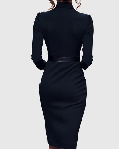 Refined Midi Dress with Mock Wrap Neckline and Belted Waist – Midi Dress with Sleeves for Women, Perfect for All Occasions