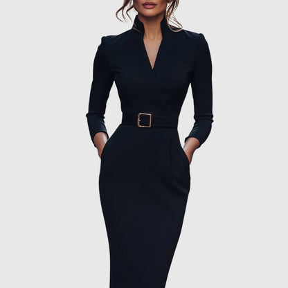 Refined Midi Dress with Mock Wrap Neckline and Belted Waist – Midi Dress with Sleeves for Women, Perfect for All Occasions