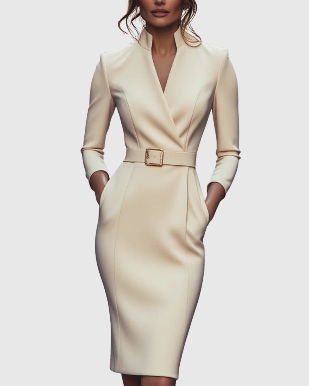 Refined Midi Dress with Mock Wrap Neckline and Belted Waist – Midi Dress with Sleeves for Women, Perfect for All Occasions