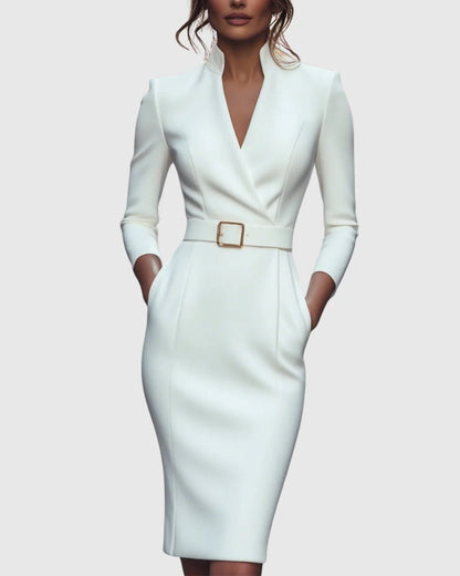 Refined Midi Dress with Mock Wrap Neckline and Belted Waist – Midi Dress with Sleeves for Women, Perfect for All Occasions