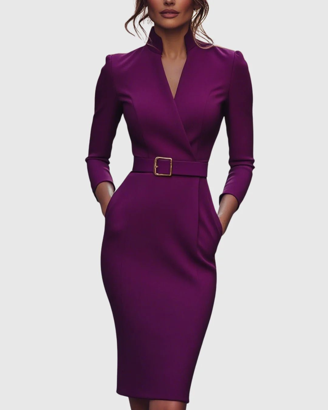 Refined Midi Dress with Mock Wrap Neckline and Belted Waist – Midi Dress with Sleeves for Women, Perfect for All Occasions