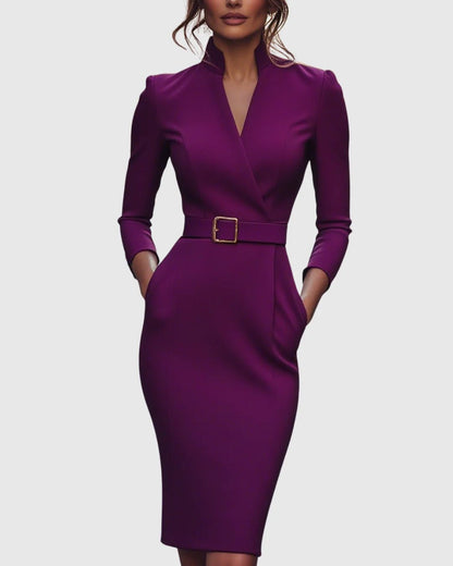 Refined Midi Dress with Mock Wrap Neckline and Belted Waist – Midi Dress with Sleeves for Women, Perfect for All Occasions