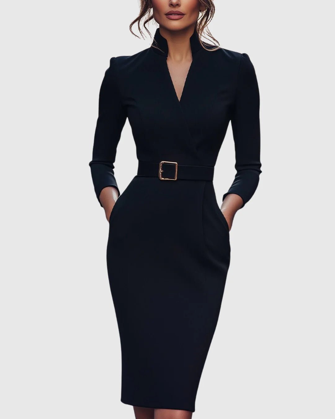 Refined Midi Dress with Mock Wrap Neckline and Belted Waist – Midi Dress with Sleeves for Women, Perfect for All Occasions