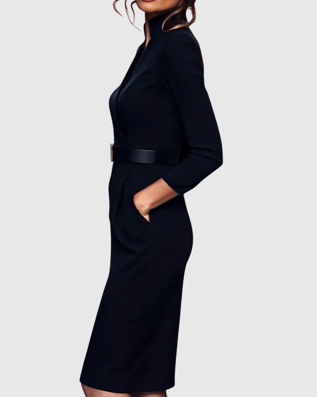 Refined Midi Dress with Mock Wrap Neckline and Belted Waist – Midi Dress with Sleeves for Women, Perfect for All Occasions
