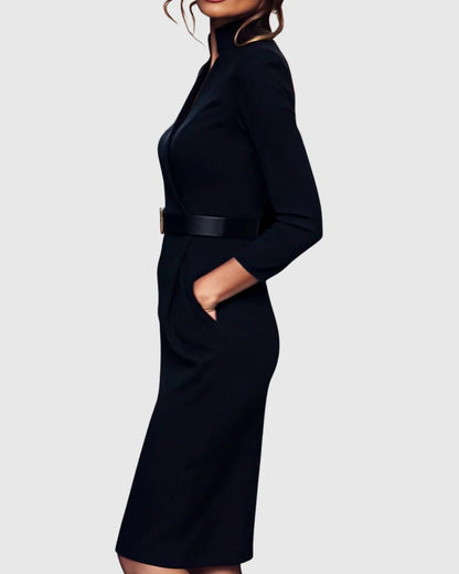 Refined Midi Dress with Mock Wrap Neckline and Belted Waist – Midi Dress with Sleeves for Women, Perfect for All Occasions
