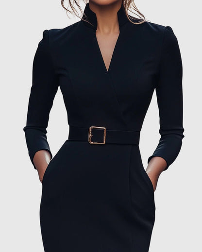 Refined Midi Dress with Mock Wrap Neckline and Belted Waist – Midi Dress with Sleeves for Women, Perfect for All Occasions