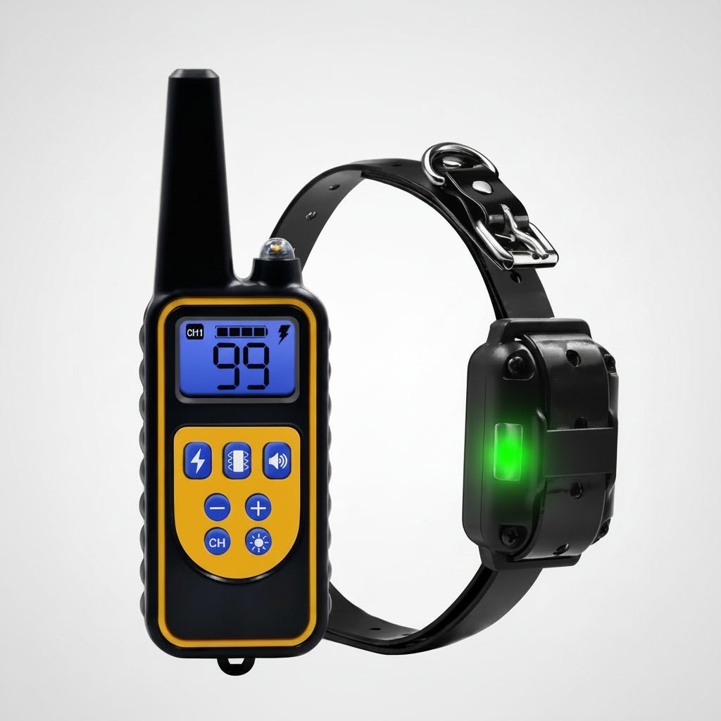 Remote dog training collar featuring a waterproof design, adjustable stimulation levels, and long-range control up to 2625 feet, ideal for effective training in various 0