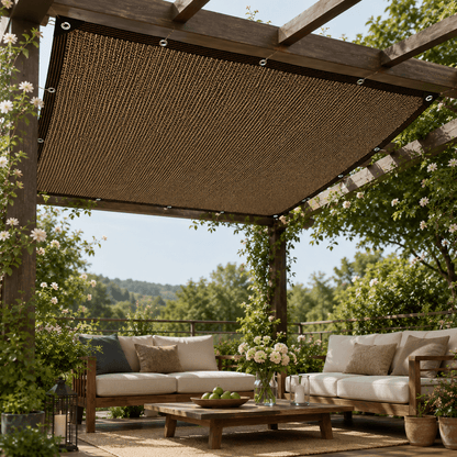 Retractable outdoor shade panel featuring a woven finish, designed for privacy and weather protection, with an easy installation process and a length of 500cm. 1