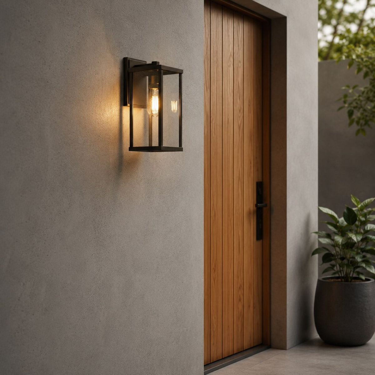 Retro outdoor wall light featuring a stylish black aluminum and glass design, waterproof construction, perfect for LED bulbs, ideal for enhancing exterior spaces. 4