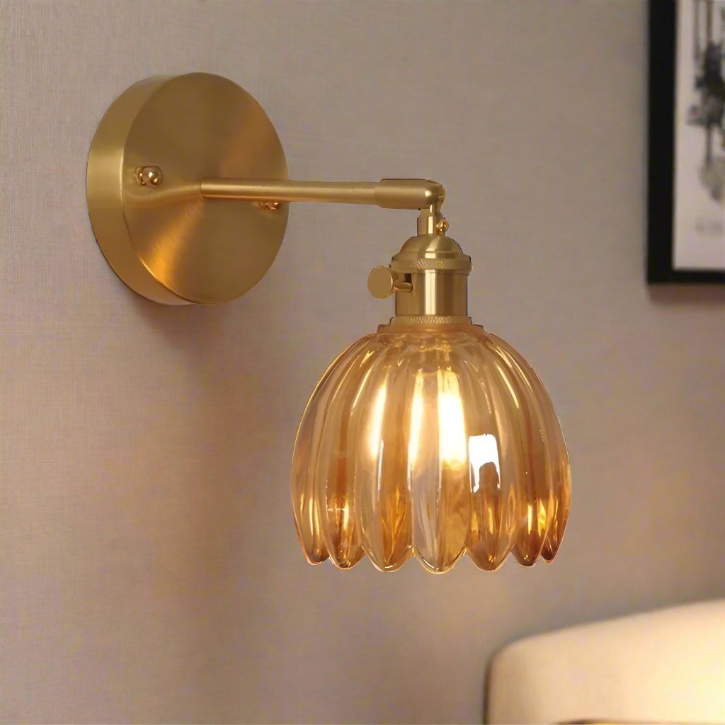 Retro wall lamp featuring a tulip glass shade, designed as a metal wall sconce to enhance cozy atmospheres in living spaces. 1