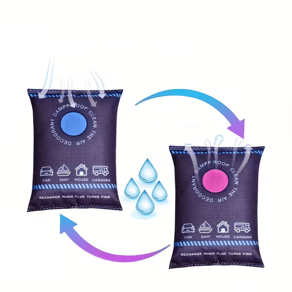 Reusable car dehumidifier bags designed for moisture absorption, featuring a leak-proof design and no electricity needed, ideal for vehicles and storage use. 5