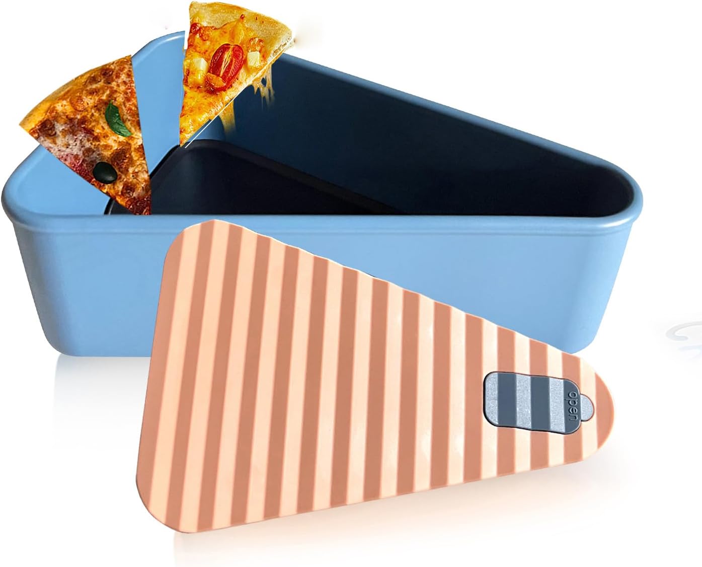 Reusable pizza storage container made of food-safe silicone featuring a leak-proof seal and dual trays for optimal freshness and easy storage. 0