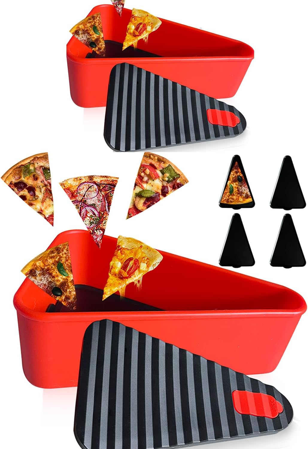 Reusable pizza storage container made of food-safe silicone featuring a leak-proof seal and dual trays for optimal freshness and easy storage. 8