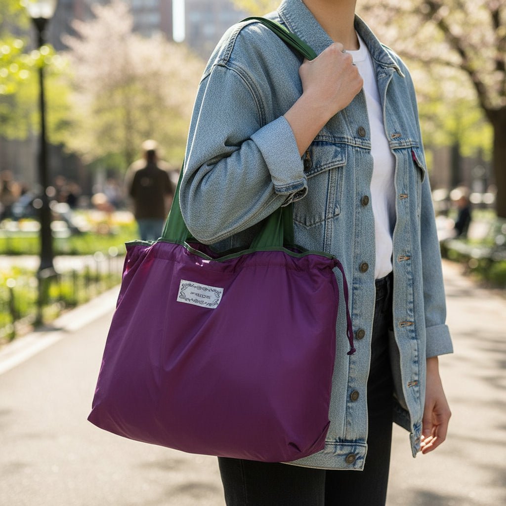 Reusable tote bag with a rectangle design and wristlet strap, perfect for shopping and everyday use, featuring durable materials and stylish aesthetics. 14