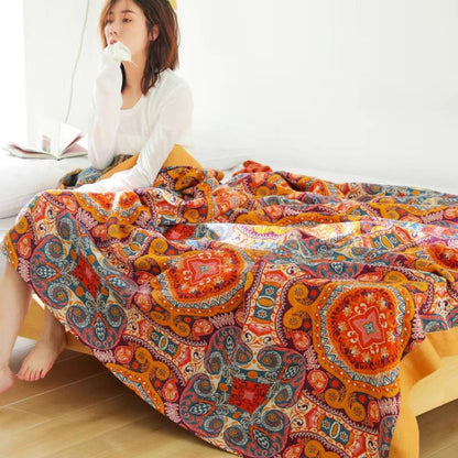 Reversible cotton cooling blanket featuring a stylish Boho design, perfect for breathability and easy machine washing. 5