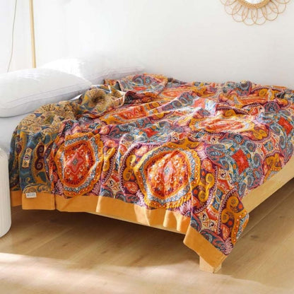 Reversible cotton cooling blanket featuring a stylish Boho design, perfect for breathability and easy machine washing. 2