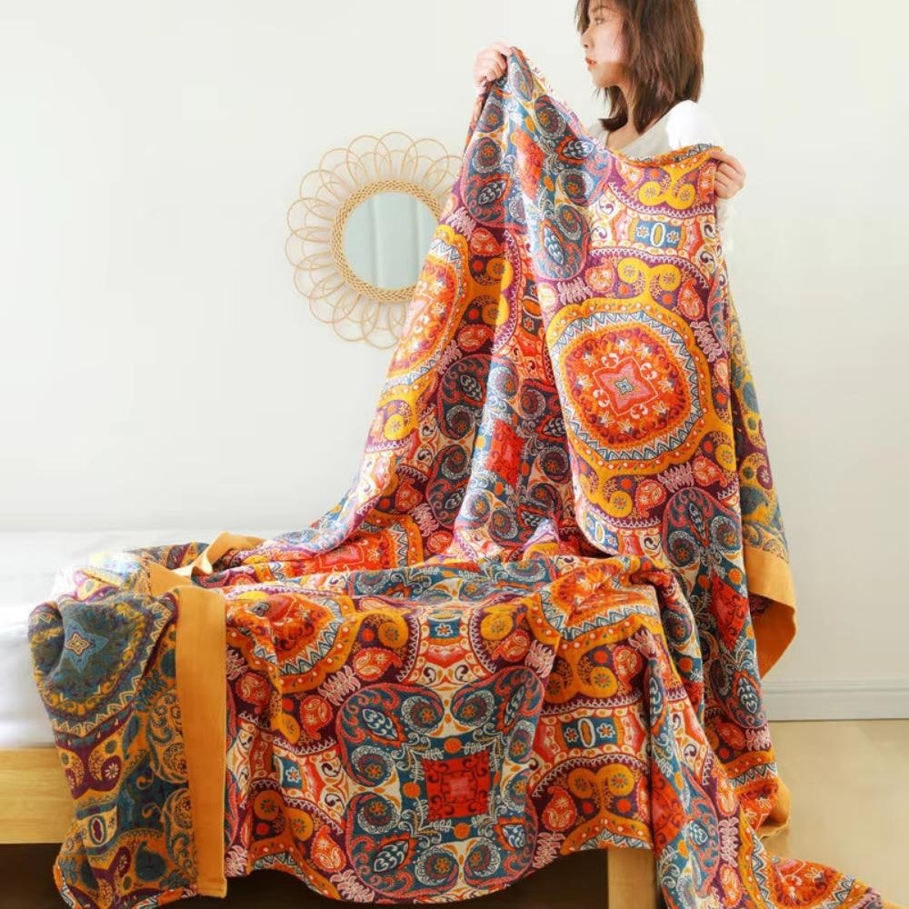 Reversible cotton cooling blanket featuring a stylish Boho design, perfect for breathability and easy machine washing. 1