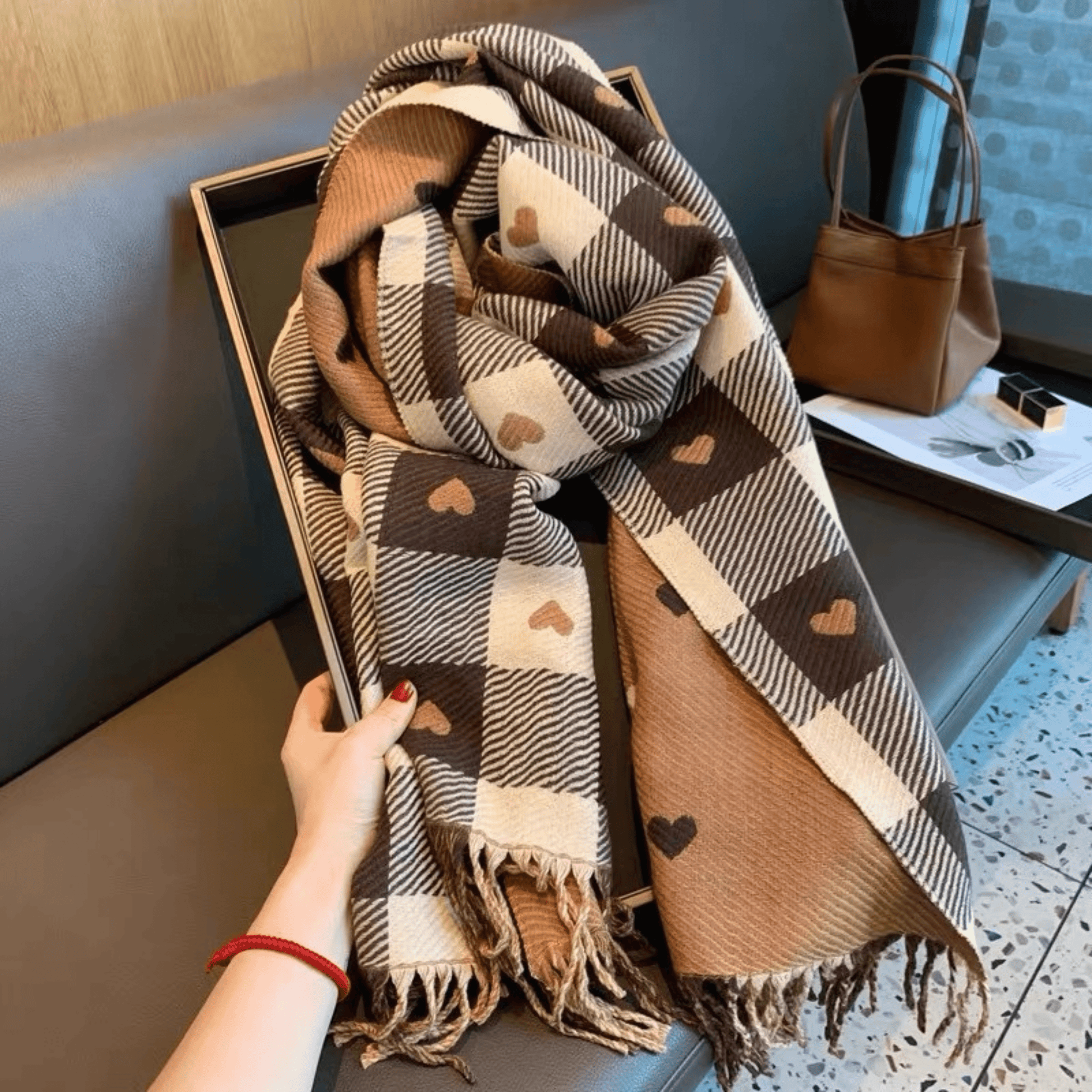 Reversible plaid scarf with tassels, featuring a lightweight and cozy design, made from a soft fabric blend, perfect for winter styling. 4