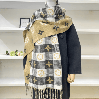 Reversible plaid scarf with tassels, featuring a lightweight and cozy design, made from a soft fabric blend, perfect for winter styling. 8