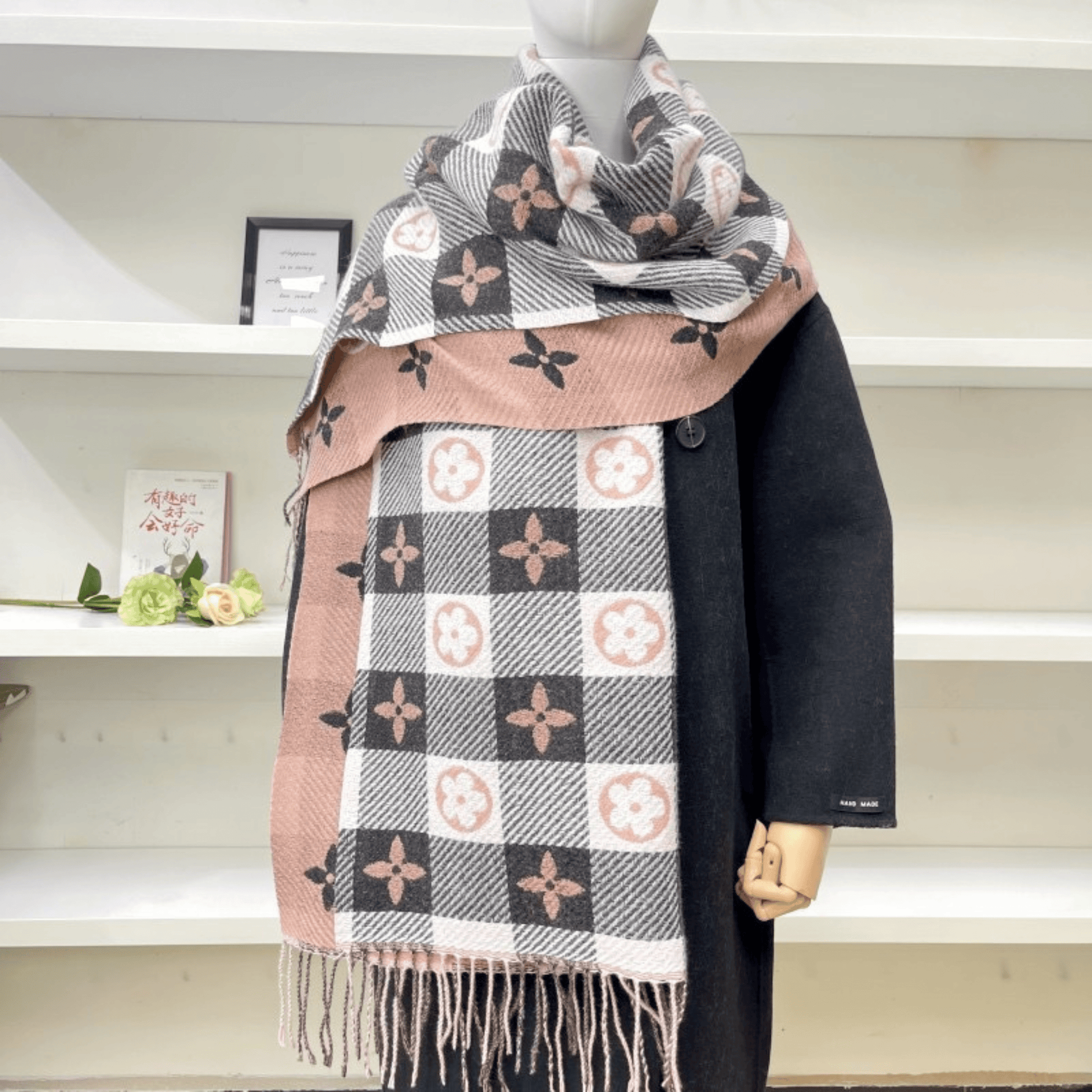 Reversible plaid scarf with tassels, featuring a lightweight and cozy design, made from a soft fabric blend, perfect for winter styling. 9