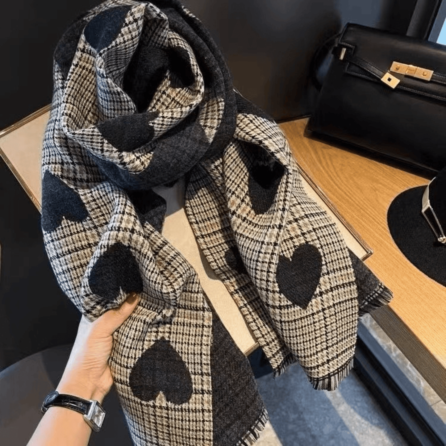 Reversible plaid scarf with tassels, featuring a lightweight and cozy design, made from a soft fabric blend, perfect for winter styling. 6