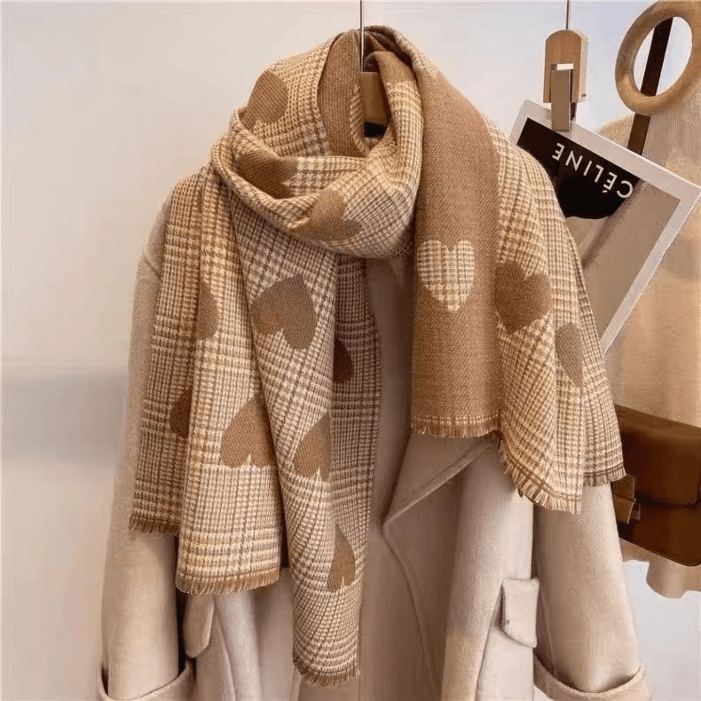 Reversible plaid scarf with tassels, featuring a lightweight and cozy design, made from a soft fabric blend, perfect for winter styling. 7