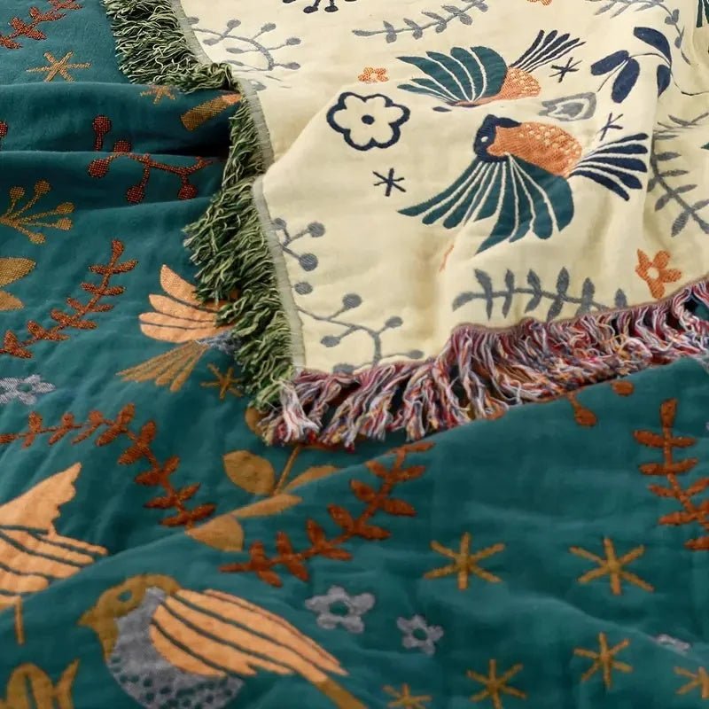 Reversible Scandinavian bird print throw blanket in multicolor, perfect for outdoor use, showcasing a vibrant design with birds and nature motifs. 5