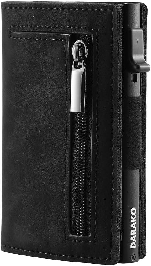 RFID-blocking smart wallet made of genuine leather and aluminum, featuring a compact design and quick card access for enhanced security and convenience. 0