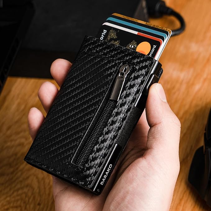 RFID-blocking smart wallet made of genuine leather and aluminum, featuring a compact design and quick card access for enhanced security and convenience. 6