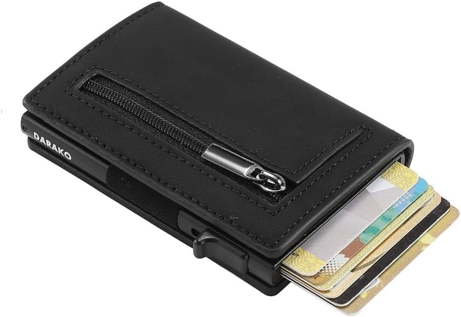 RFID-blocking smart wallet made of genuine leather and aluminum, featuring a compact design and quick card access for enhanced security and convenience. 1