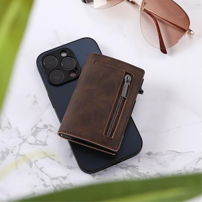 RFID-blocking smart wallet made of genuine leather and aluminum, featuring a compact design and quick card access for enhanced security and convenience. 5