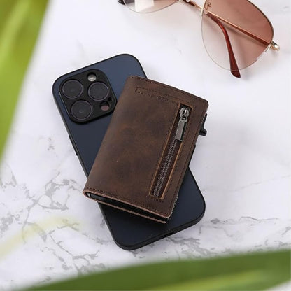 RFID-blocking smart wallet made of genuine leather and aluminum, featuring a compact design and quick card access for enhanced security and convenience. 5