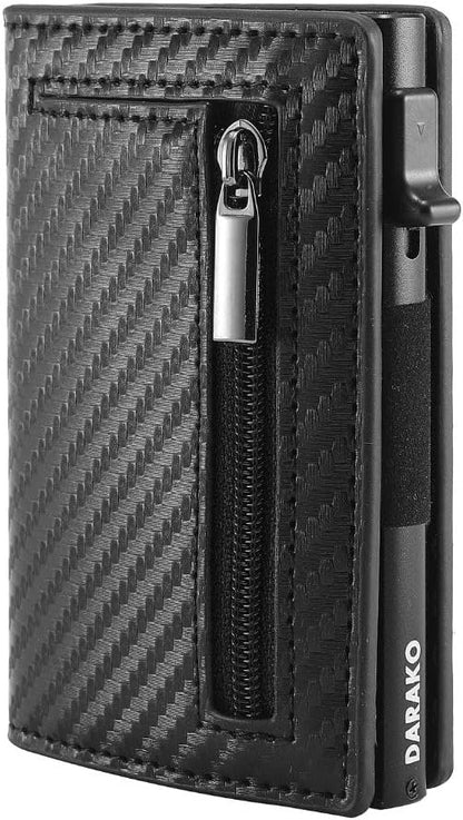 RFID-blocking smart wallet made of genuine leather and aluminum, featuring a compact design and quick card access for enhanced security and convenience. 4
