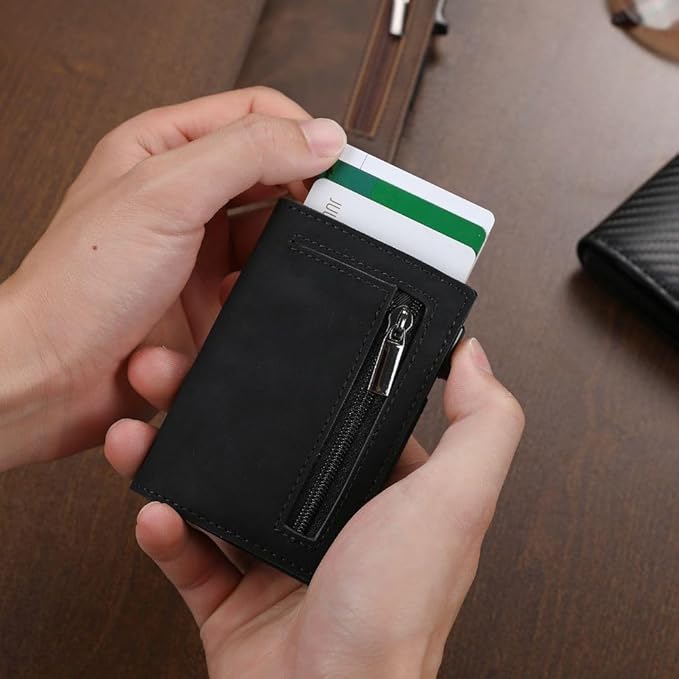 RFID-blocking smart wallet made of genuine leather and aluminum, featuring a compact design and quick card access for enhanced security and convenience. 3