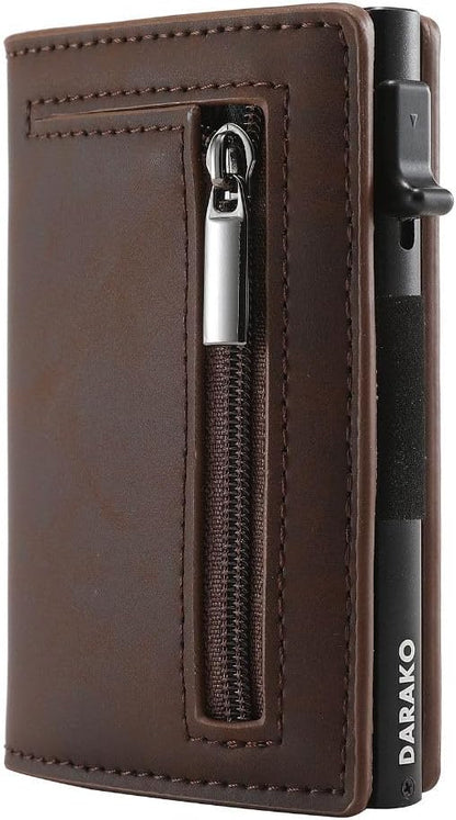 RFID-blocking smart wallet made of genuine leather and aluminum, featuring a compact design and quick card access for enhanced security and convenience. 2