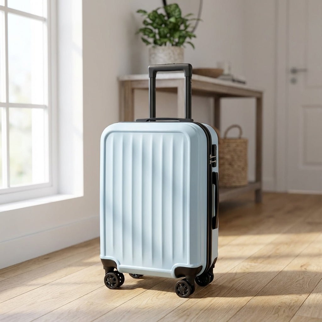 Ribbed suitcase with 360° spinner wheels and combination lock, made of durable ABS material, perfect for carry-on travel. 1