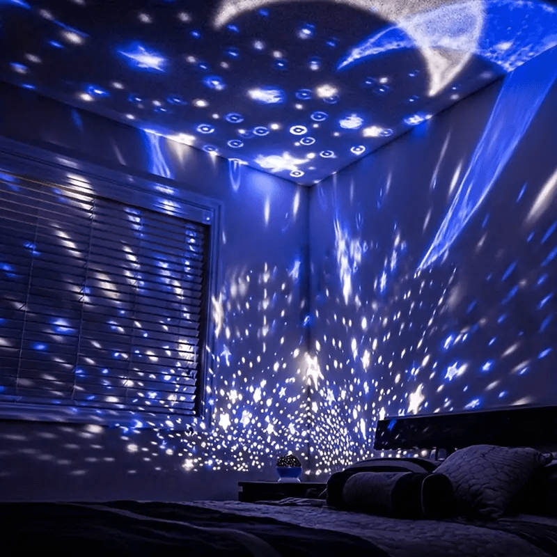 Rotating LED night light with multi-color projection and star patterns, perfect for bedrooms and nurseries, creating a soothing atmosphere for sleep. 5