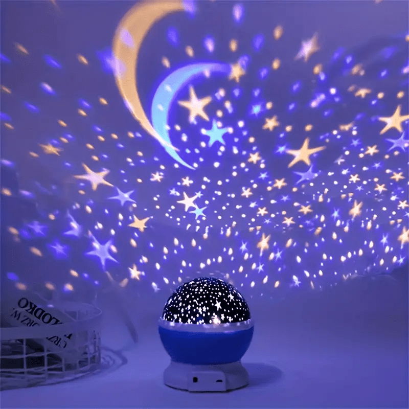 Rotating LED night light with multi-color projection and star patterns, perfect for bedrooms and nurseries, creating a soothing atmosphere for sleep. 4