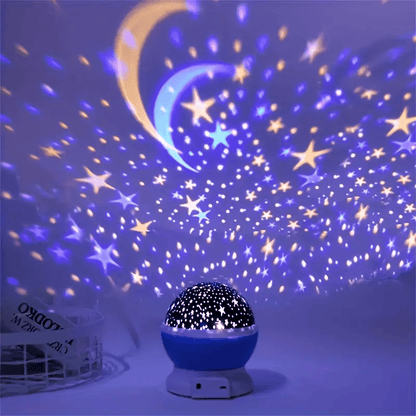 Rotating LED night light with multi-color projection and star patterns, perfect for bedrooms and nurseries, creating a soothing atmosphere for sleep. 4