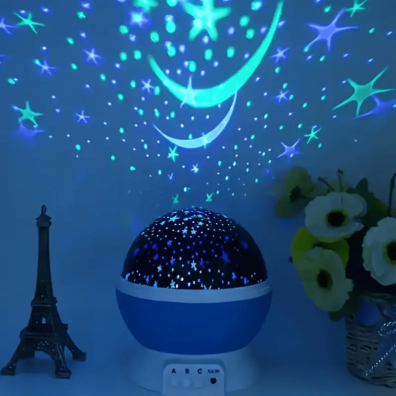 Rotating LED night light with multi-color projection and star patterns, perfect for bedrooms and nurseries, creating a soothing atmosphere for sleep. 2