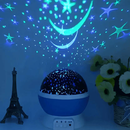 Rotating LED night light with multi-color projection and star patterns, perfect for bedrooms and nurseries, creating a soothing atmosphere for sleep. 2