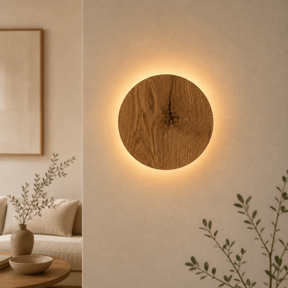 Round Oak Wall Light featuring Soft Indirect Lighting in a Minimalist Scandinavian Design, available in 22cm and 28cm diameter options. 1
