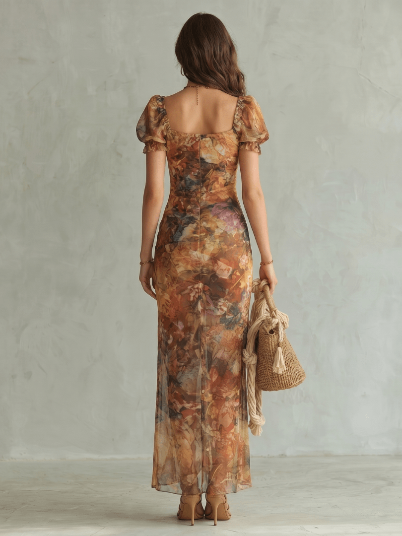 Ruffled sleeve midi dress with front slit, featuring a lightweight tailored fit for women, perfect for casual or formal occasions. 3