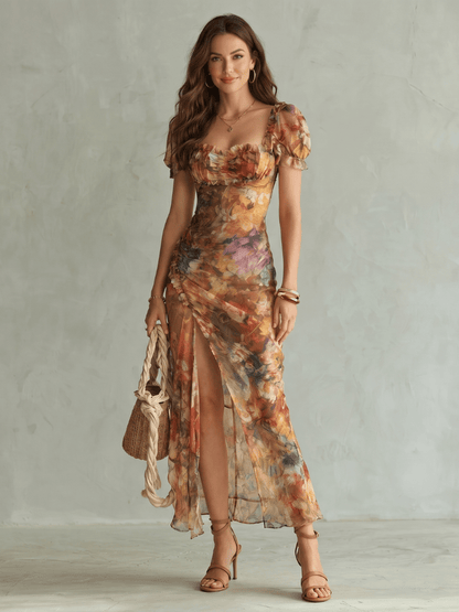 Ruffled sleeve midi dress with front slit, featuring a lightweight tailored fit for women, perfect for casual or formal occasions. 0