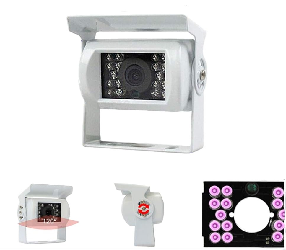 Rugged rear view camera designed for trucks and RVs featuring night vision, waterproof design, and a 120° wide angle for enhanced visibility. 5
