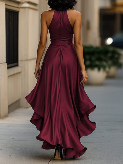 Satin evening gown in midnight navy featuring a high-low hem and ruffle details, perfect for weddings and formal events. 7