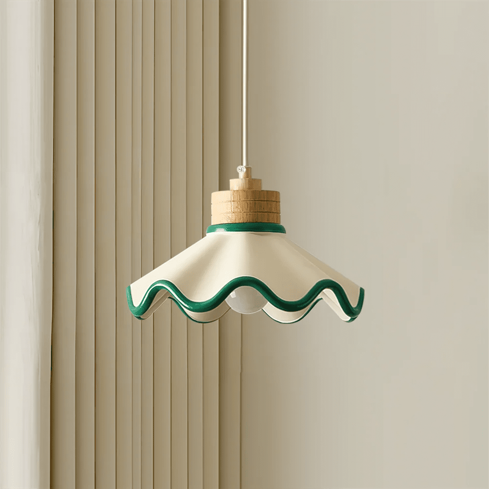 Scalloped pendant light featuring an adjustable height design and wood accent, ideal for dimmable kitchen island lighting. 13