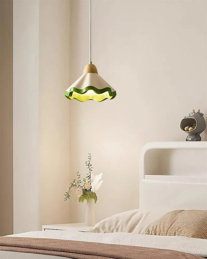 Scalloped pendant light featuring an adjustable height design and wood accent, ideal for dimmable kitchen island lighting. 3