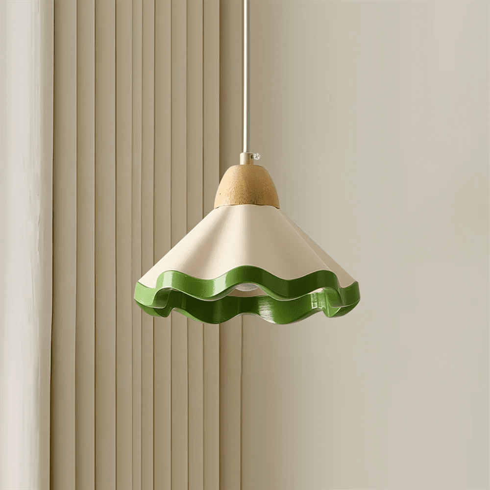 Scalloped pendant light featuring an adjustable height design and wood accent, ideal for dimmable kitchen island lighting. 10